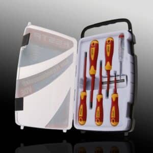 Insulated screwdriver set in portable case.