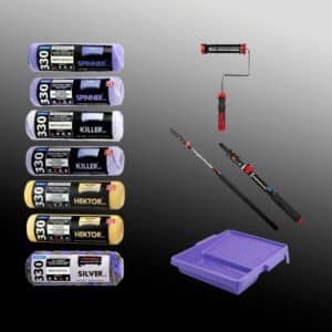 Various paint rollers, telescopic handle, tray, and extension pole.