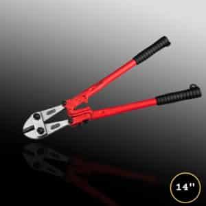 Red 14-inch bolt cutters on dark background.