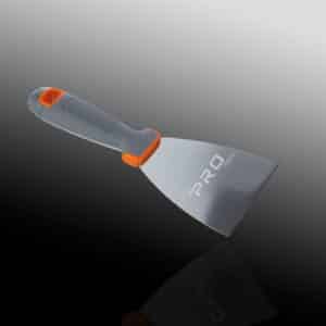 Ergonomic scraper with grey and orange handle.