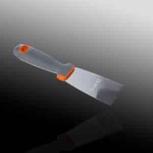 Ergonomic knife with orange and grey handle, reflective surface.