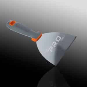 Stainless steel putty knife with ergonomic handle.