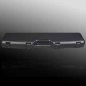 Black hard-shell eyeglasses case on gradient background.